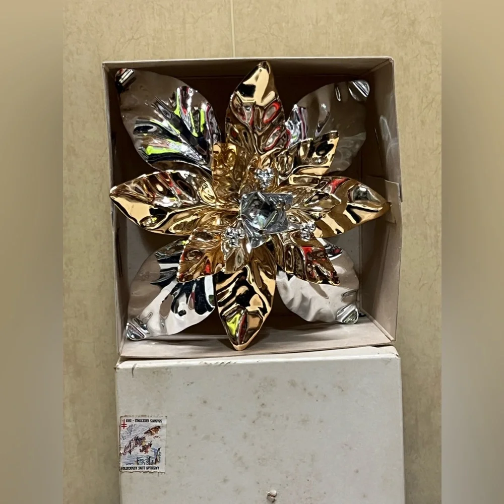 Vintage 7 inch Department 56 Gold and Silver Poinsettia Taper Candle Holder